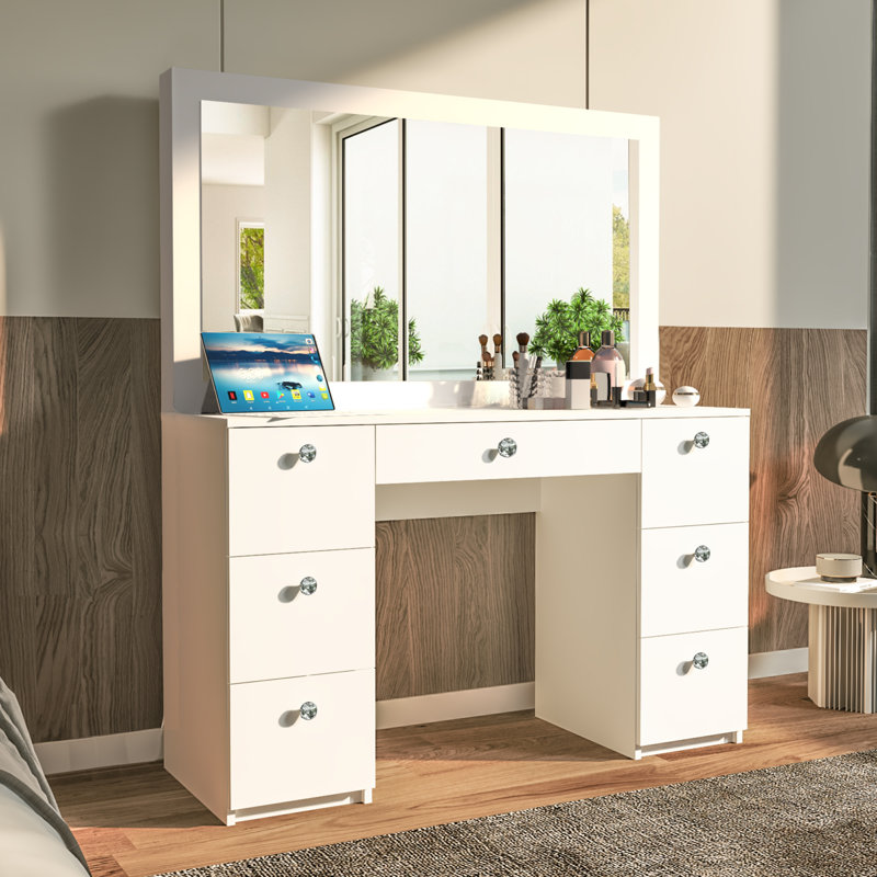 Boahaus Artemisia Large Modern Vanity Makeup Desk with 7 Drawers Big Frameless Mirror and Power Outlet